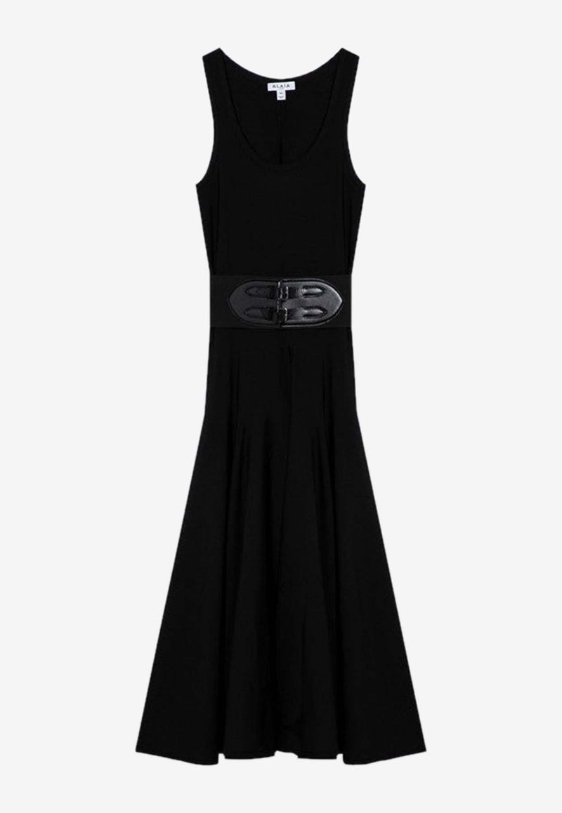 Alaïa Sleeveless Crewneck Belted Midi Dress Black AA9R24866M881CO/P_ALAIA-995