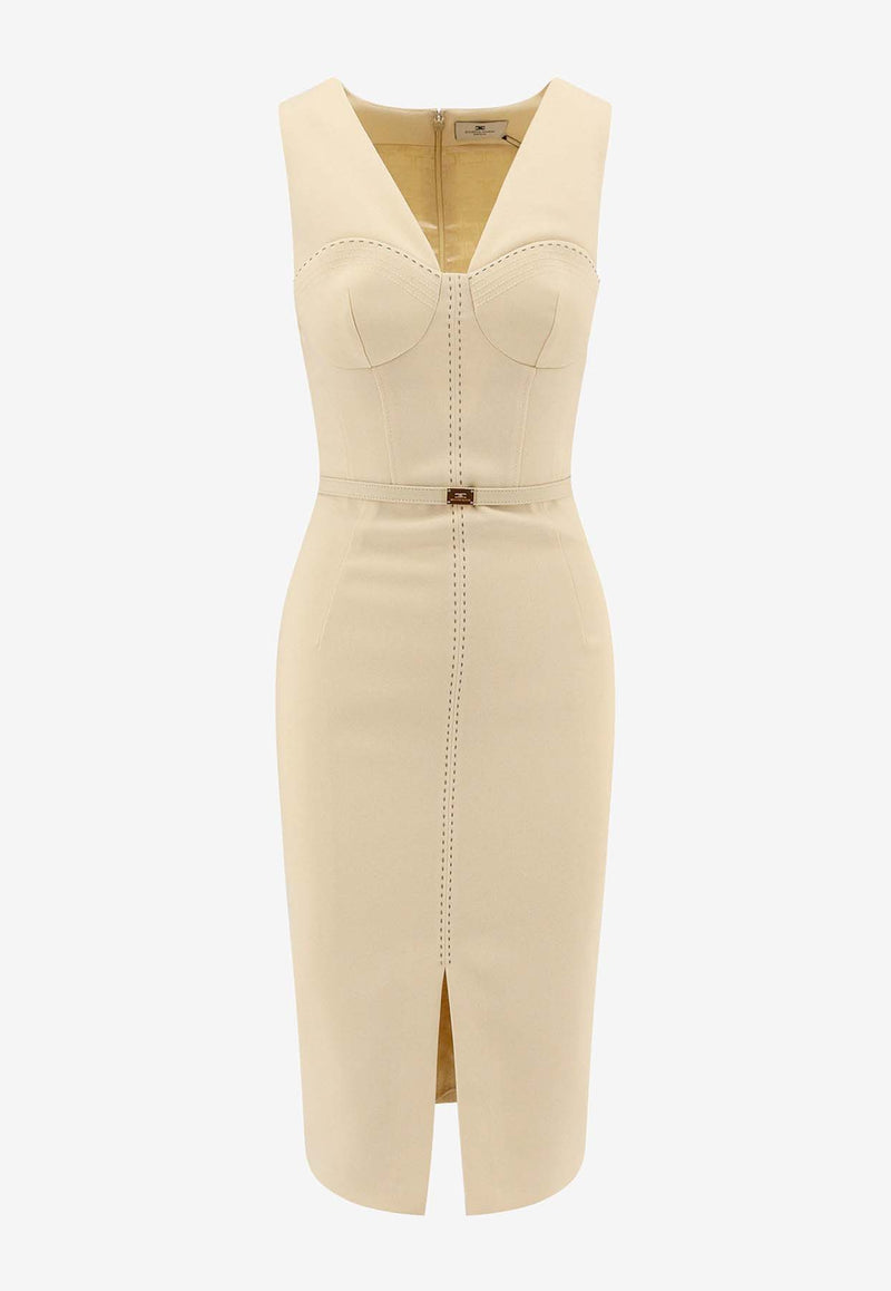 Elisabetta Franchi V-neck Crepe Tailored Dress Beige AB70651E2_DC7