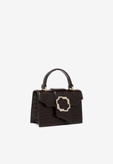 Malone Souliers Mini Audrey Crest Buckle Top Handle Bag in Croc-Embossed Leather AUDREY MINI 38 EBONY/EBONY