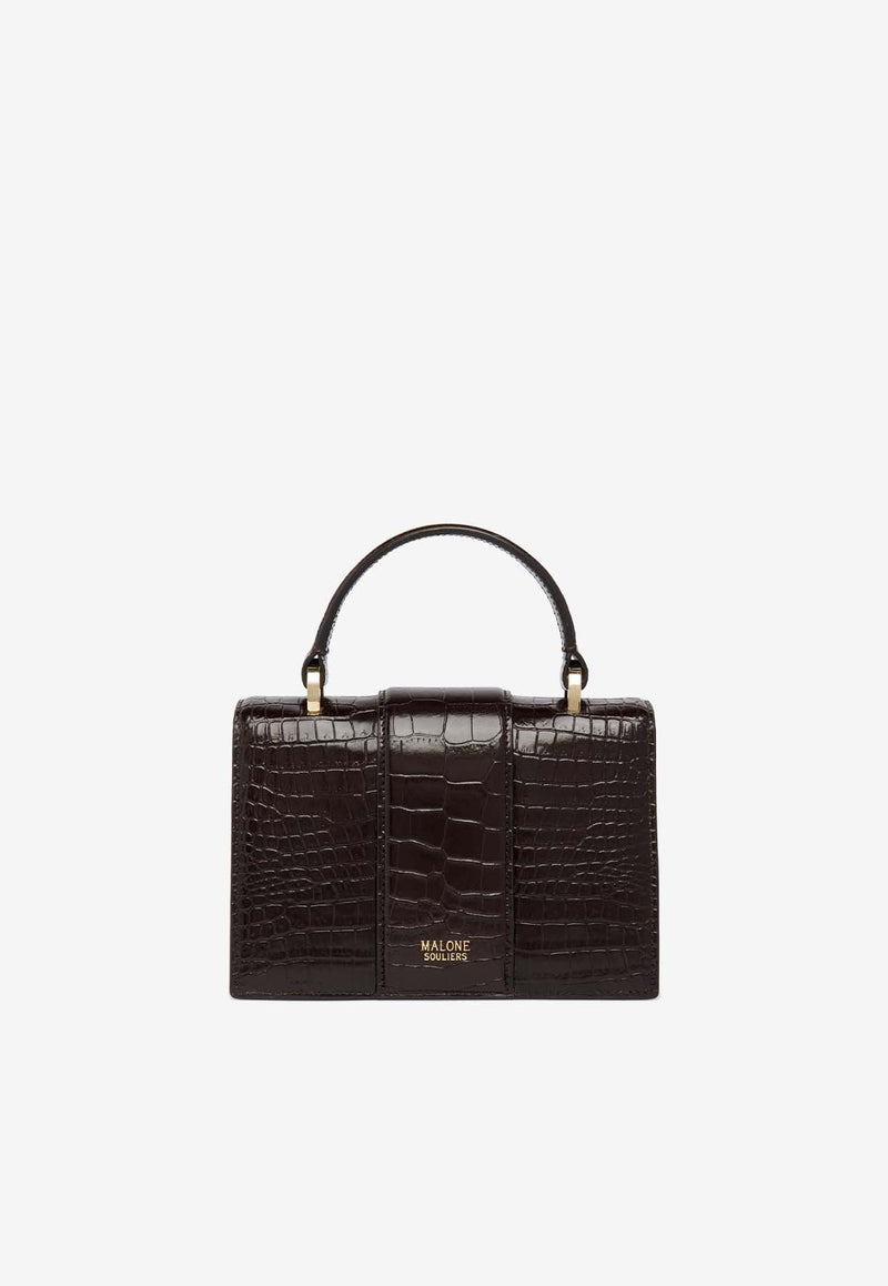 Malone Souliers Mini Audrey Crest Buckle Top Handle Bag in Croc-Embossed Leather AUDREY MINI 38 EBONY/EBONY