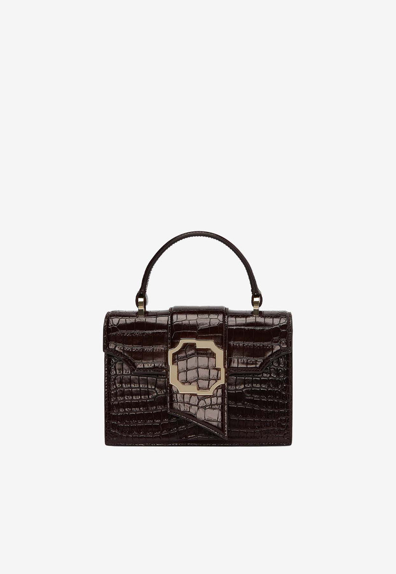 Malone Souliers Mini Audrey Crest Buckle Top Handle Bag in Croc-Embossed Leather AUDREY MINI 38 EBONY/EBONY