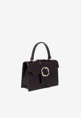 Malone Souliers Small Audrey Crest Buckle Top Handle Bag in Croc-Embossed Leather AUDREY SMALL 43 EBONY/EBONY