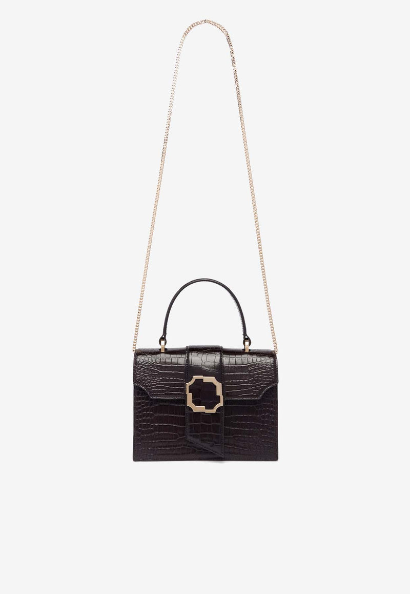 Malone Souliers Small Audrey Crest Buckle Top Handle Bag in Croc-Embossed Leather AUDREY SMALL 43 EBONY/EBONY