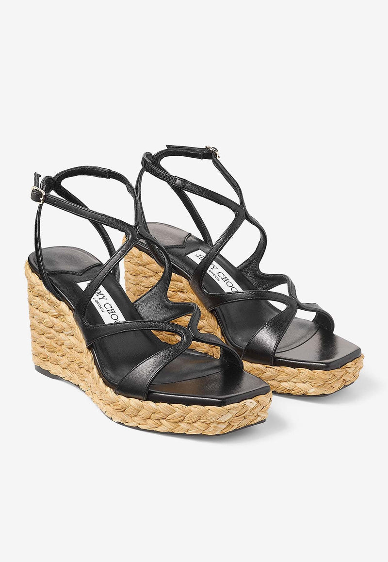 Jimmy Choo Ayla 85 Nappa Leather and Raffia Wedge Sandals AYLA 85 CTQ BLACK