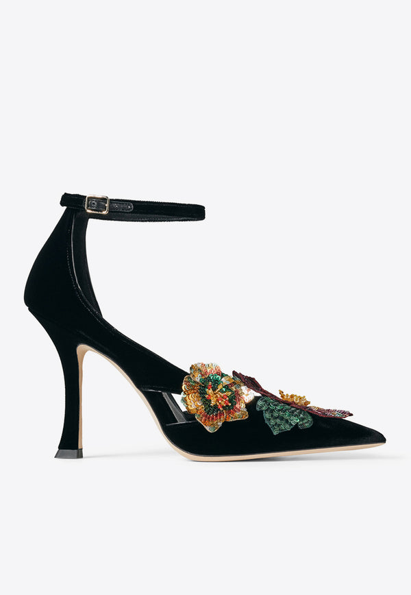 Azara 100 Floral-Applique Velvet Pumps Jimmy Choo AZARA 100 BGV BLACK/MULTI