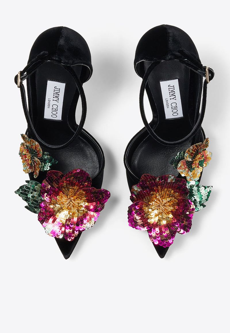 Azara 100 Floral-Applique Velvet Pumps Jimmy Choo AZARA 100 BGV BLACK/MULTI