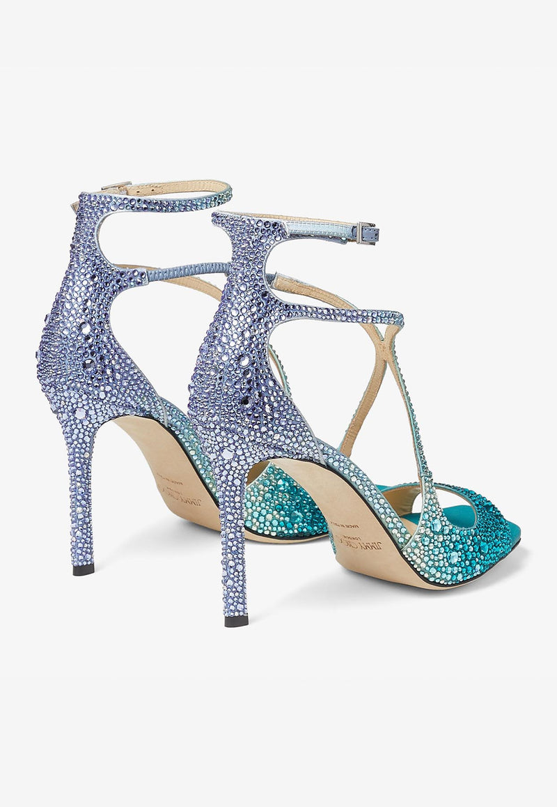 Jimmy Choo Azia 95 Crystal Embellished Sandals AZIA 95 DKX PEACOCK/SMOKE GREEN/SMOKY BLUE