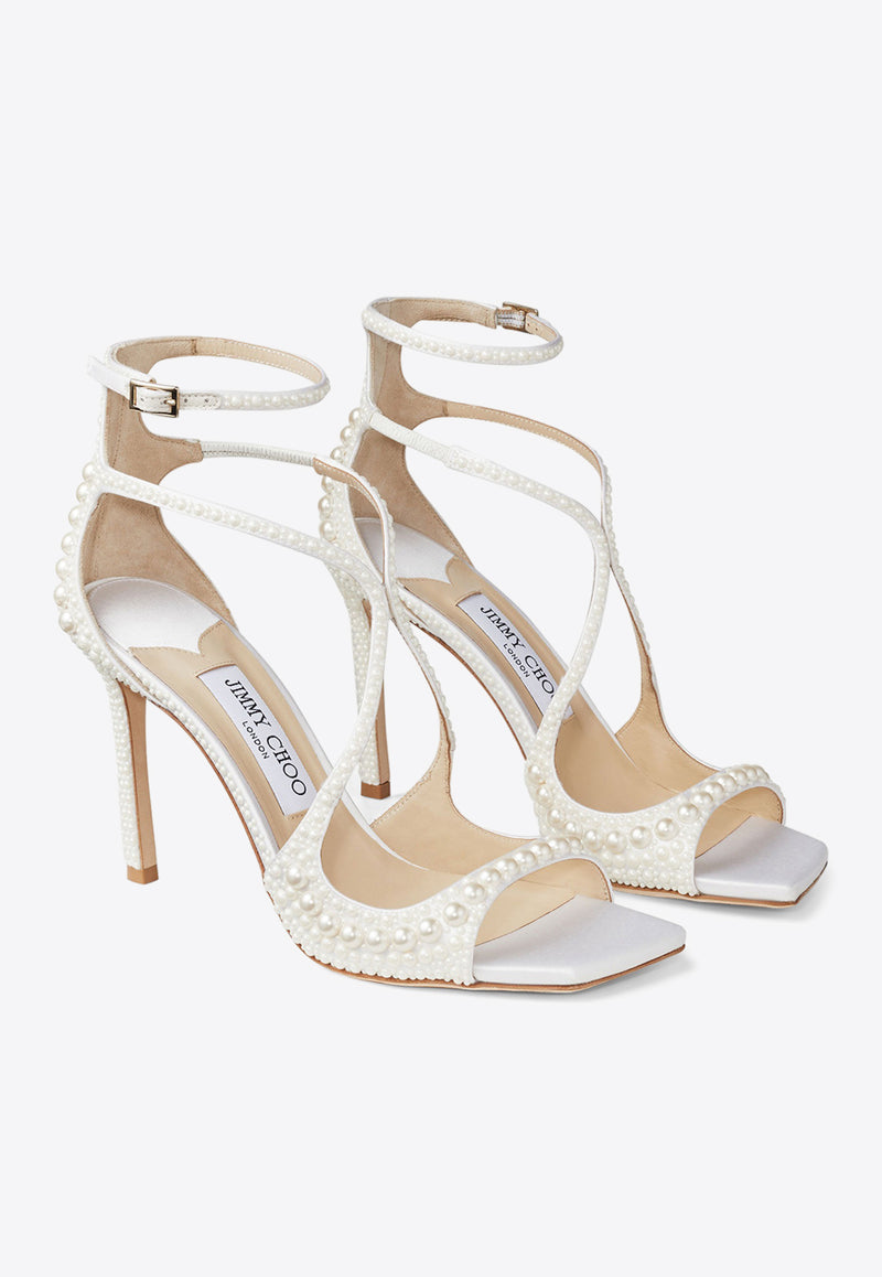 Jimmy Choo Azia 95 Pearls Embellished Satin Sandals AZIA 95 WOZ WHITE/WHITE