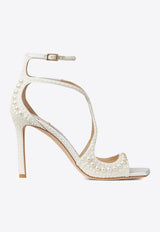 Jimmy Choo Azia 95 Pearls Embellished Satin Sandals AZIA 95 WOZ WHITE/WHITE