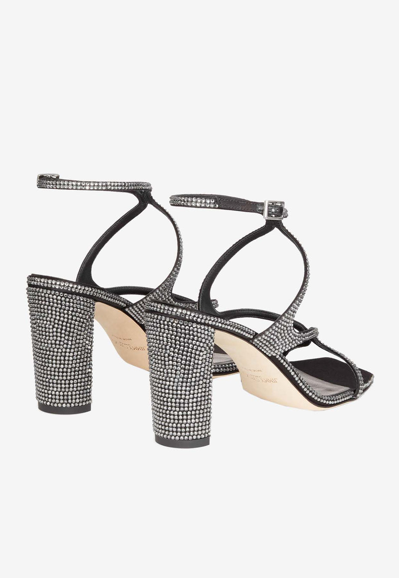 Jimmy Choo Azie 85 Crystal-Embellished Satin Sandals AZIE 85 OHM BLACK/SMOKE