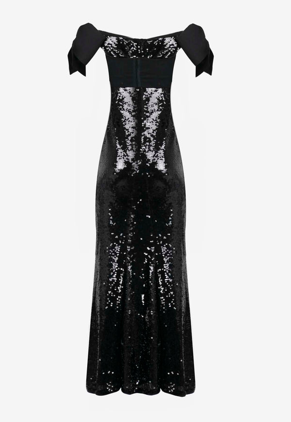 Self-Portrait Off-Shoulder Sequined Bow Gown Black SC24-952X-BBLACK