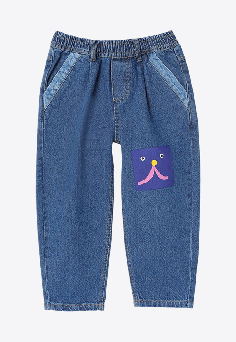 Bobo Choses Girls Funny Face Patch Jeans Blue B224AC106CO/P_BOBO-421