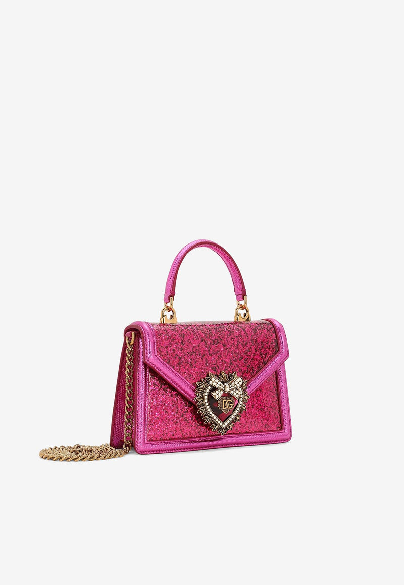 Dolce 
Gabbana Small Devotion Glittered Top Handle Bag Fuchsia BB6711 AP299 8L400