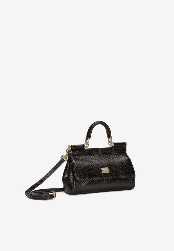 Dolce 
Gabbana Small Sicily Top Handle Bag in Python Embossed Leather BB7116 A2111 80999 Black