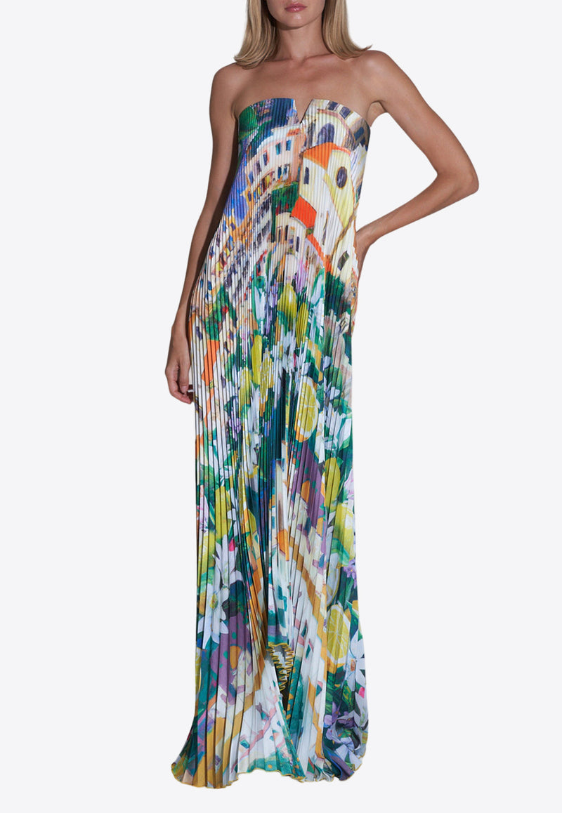 L
IDEE Strapless Floral Plisse Maxi Dress Multicolor BLACKTIE GOWN POSITANOFLORAL