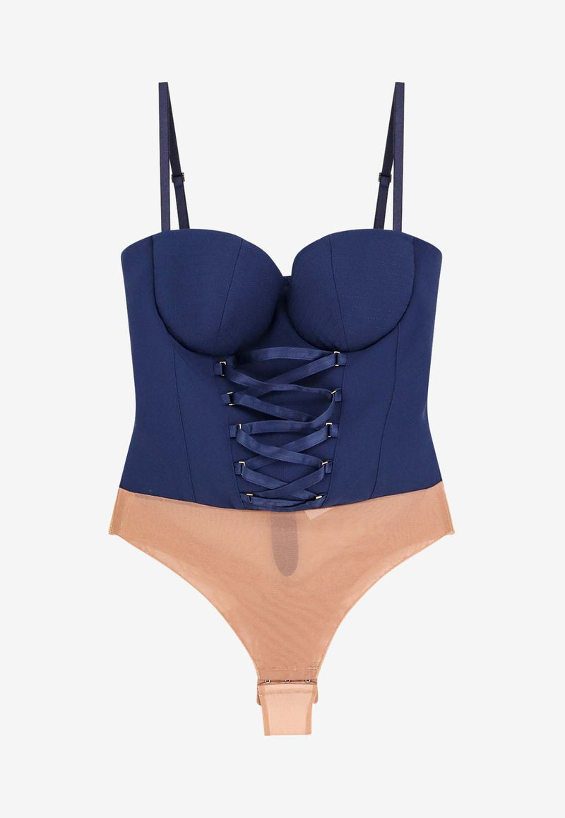 Elisabetta Franchi Criss-Cross Laces Crepe Bodysuit Blue BO02551E2_DC8