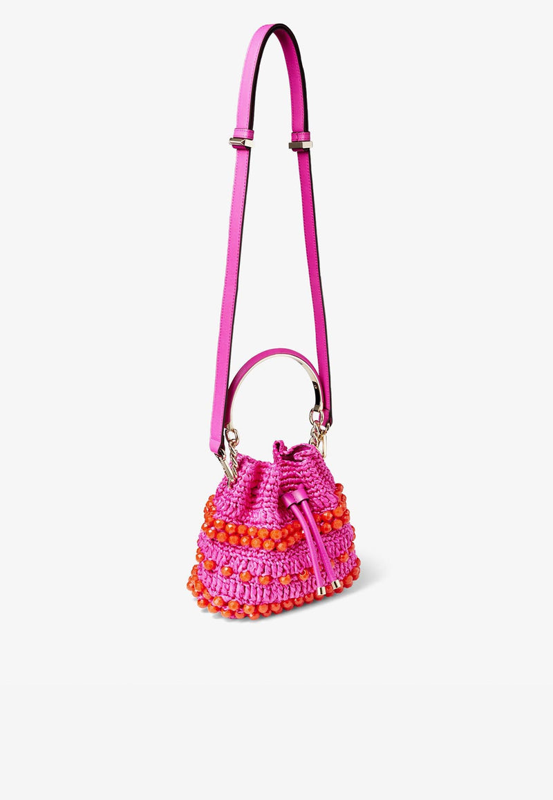 Jimmy Choo Small Bon Bon Bucket Bag in Beaded Raffia BON BON BUCKET/SRIC FUCHSIA/PAPRIKA/LIGHT GOLD