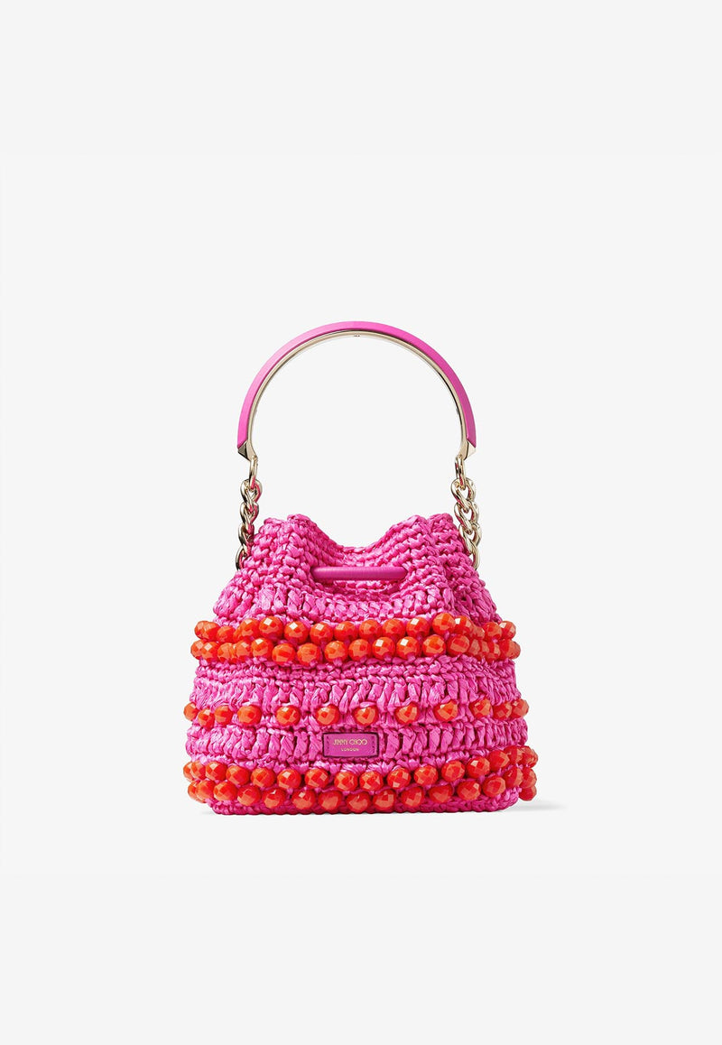 Jimmy Choo Small Bon Bon Bucket Bag in Beaded Raffia BON BON BUCKET/SRIC FUCHSIA/PAPRIKA/LIGHT GOLD