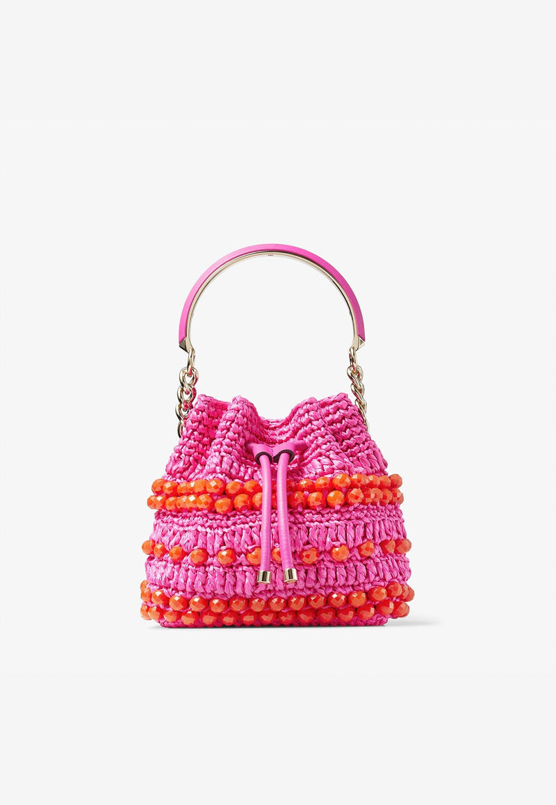 Jimmy Choo Small Bon Bon Bucket Bag in Beaded Raffia BON BON BUCKET/SRIC FUCHSIA/PAPRIKA/LIGHT GOLD