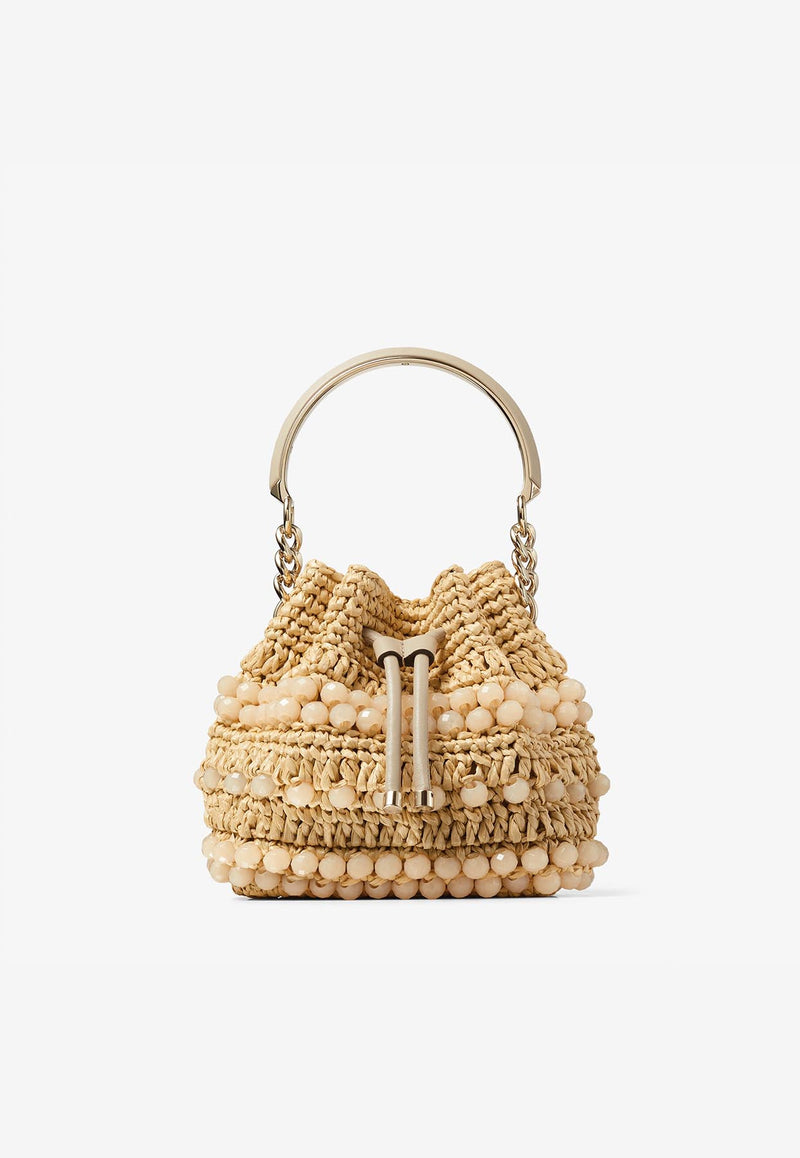 Jimmy Choo Small Bon Bon Bucket Bag in Beaded Raffia BON BON BUCKET/SRIC NATURAL/LIGHT GOLD