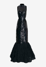 ROTATE Ruffled Hem Sequined Gown Black 114172100BLACK