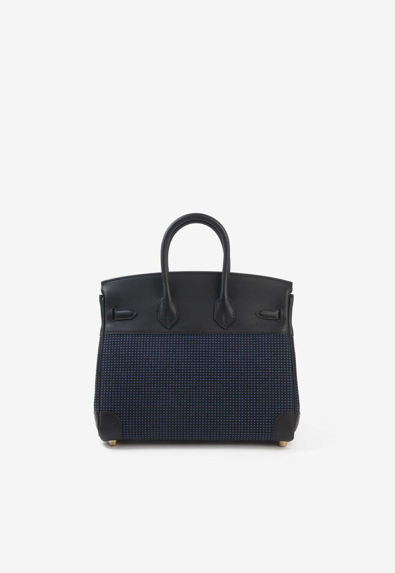 Birkin Quadrille 25 in Black Swift Leather and Bleu Egee Toile with Gold Hardware