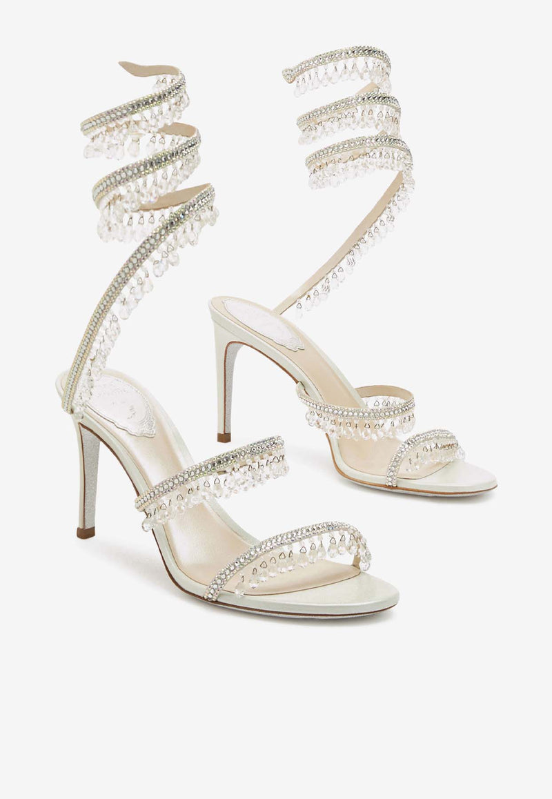 Rene Caovilla Chandelier 80 Jeweled Crystal-Embellished Sandals C10182-080-R001CYTS IVORY SATIN/CRYSTAL-TRANS