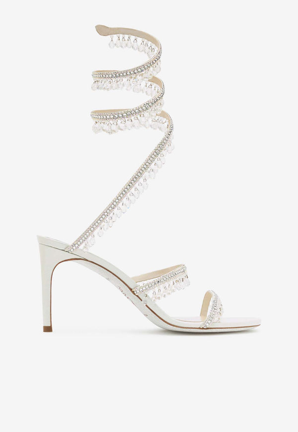 Rene Caovilla Chandelier 80 Jeweled Crystal-Embellished Sandals C10182-080-R001CYTS IVORY SATIN/CRYSTAL-TRANS