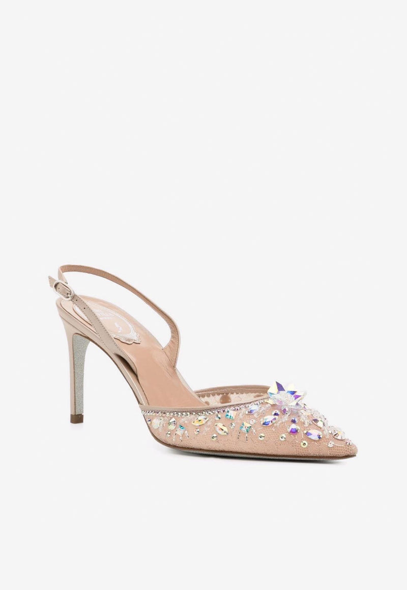 Rene Caovilla Cinderella 80 Slingback Pumps Nude C11703-080-PI01X323 NUDE LACE-LMB/CRYST AB STNS