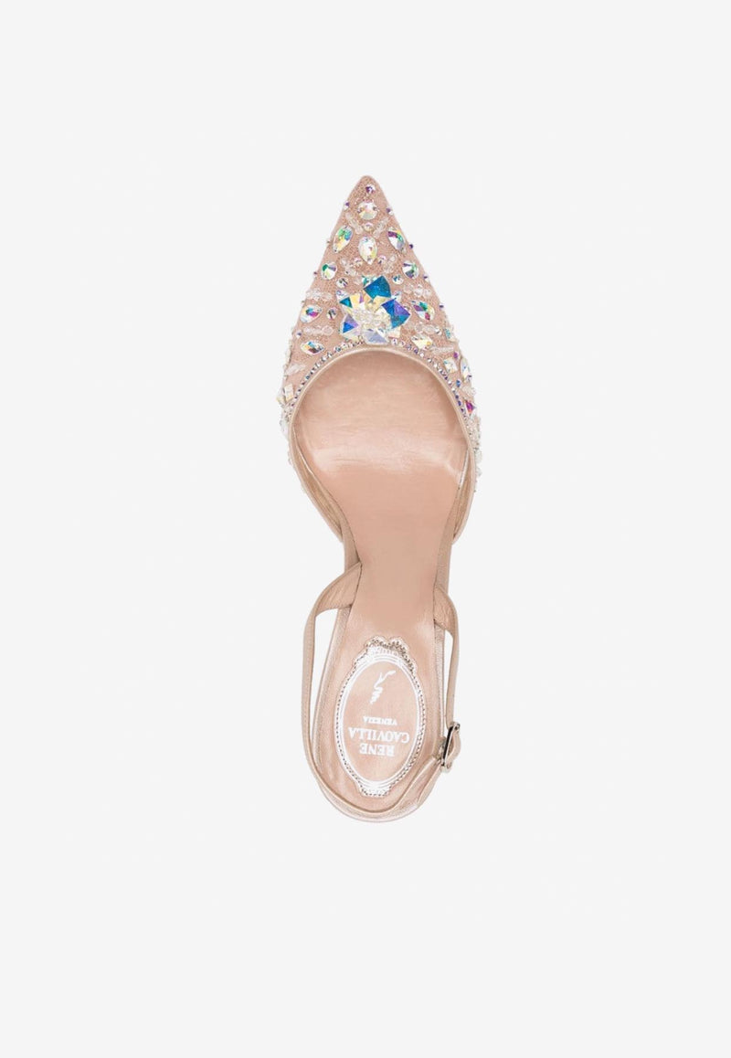 Rene Caovilla Cinderella 80 Slingback Pumps Nude C11703-080-PI01X323 NUDE LACE-LMB/CRYST AB STNS