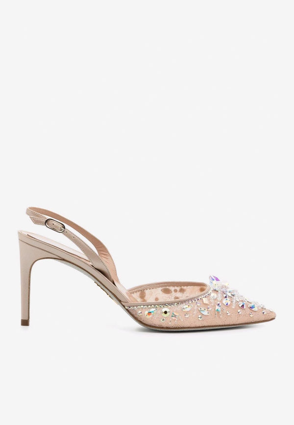 Rene Caovilla Cinderella 80 Slingback Pumps Nude C11703-080-PI01X323 NUDE LACE-LMB/CRYST AB STNS