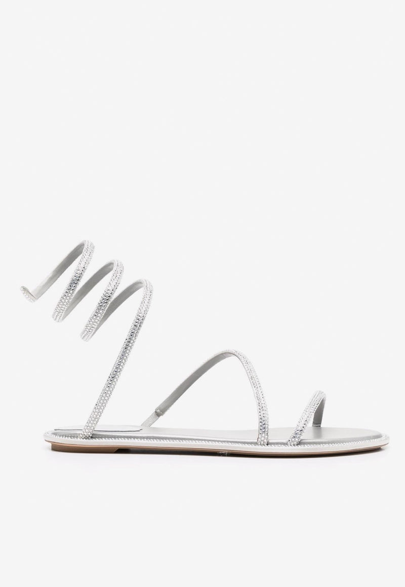 Rene Caovilla Cleo Crystal-Embellished Flat Sandals Gray C11740-010-R001V232 GREY SAT/SILV SHDE STRS