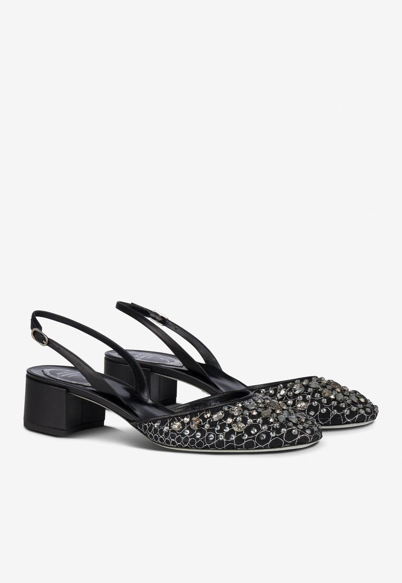 Rene Caovilla Cinderella 40 Slingback Pumps C11909-040-PN01V220 BLACK LACE-LAMB/S NIGHT STONE