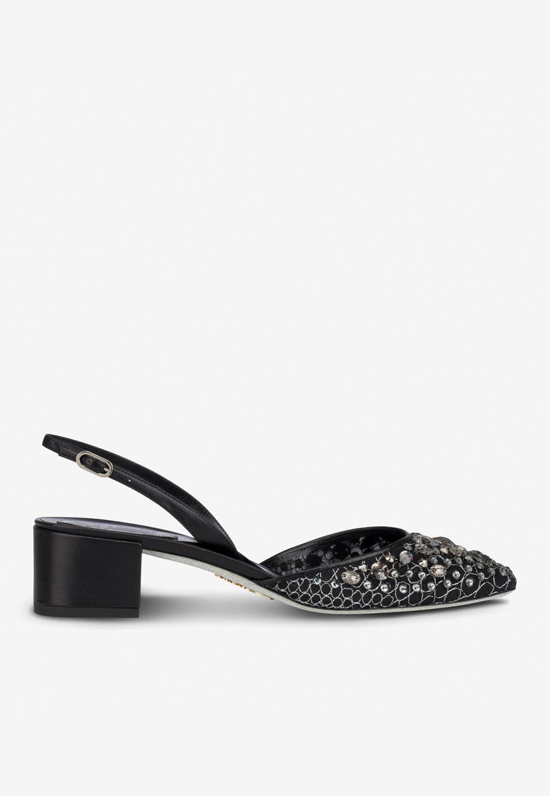 Rene Caovilla Cinderella 40 Slingback Pumps C11909-040-PN01V220 BLACK LACE-LAMB/S NIGHT STONE