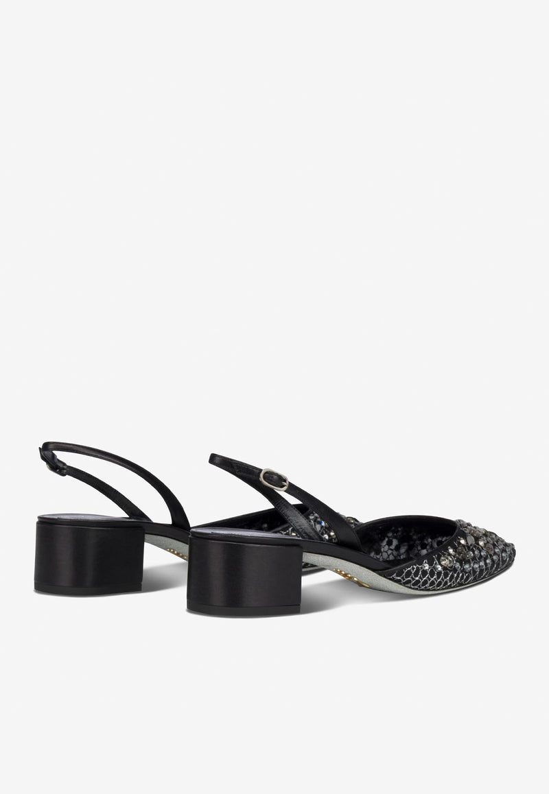 Rene Caovilla Cinderella 40 Slingback Pumps C11909-040-PN01V220 BLACK LACE-LAMB/S NIGHT STONE