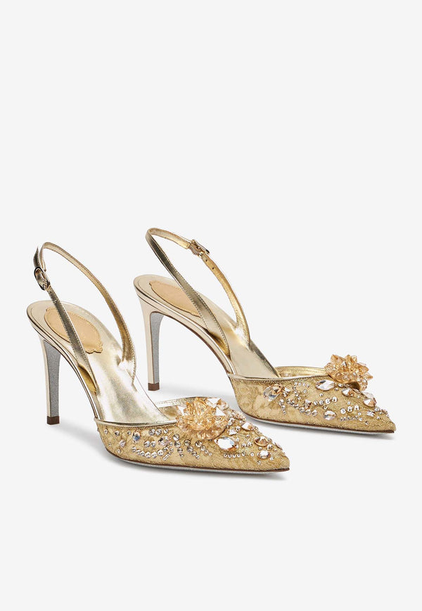 Rene Caovilla Cinderella 80 Crystal Flower Slingback Pumps C11939-080-PI01V188 GOLD LACE-LAMB/GOLD SHA STONE