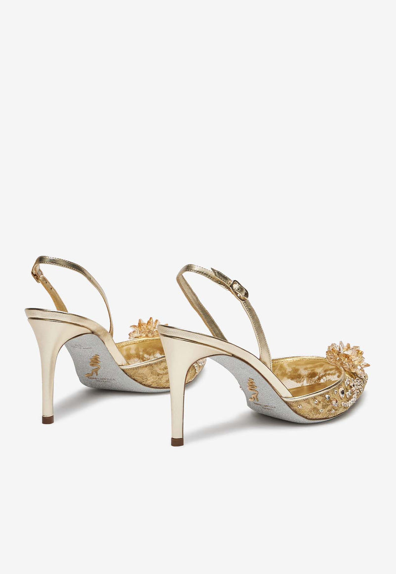 Rene Caovilla Cinderella 80 Crystal Flower Slingback Pumps C11939-080-PI01V188 GOLD LACE-LAMB/GOLD SHA STONE