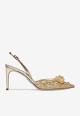 Rene Caovilla Cinderella 80 Crystal Flower Slingback Pumps C11939-080-PI01V188 GOLD LACE-LAMB/GOLD SHA STONE