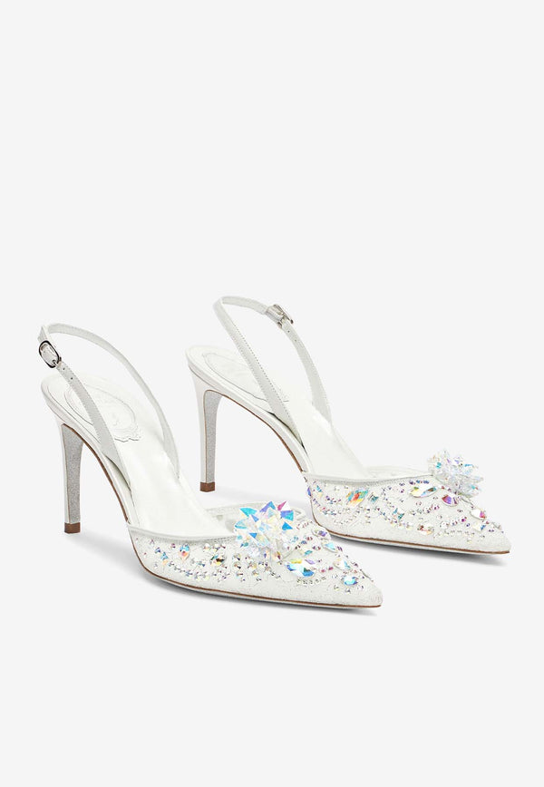 Rene Caovilla Cinderella 80 Crystal Flower Slingback Pumps C11939-080-PI01V749 WHITE LACE-LAMB/CRYSTAL AB