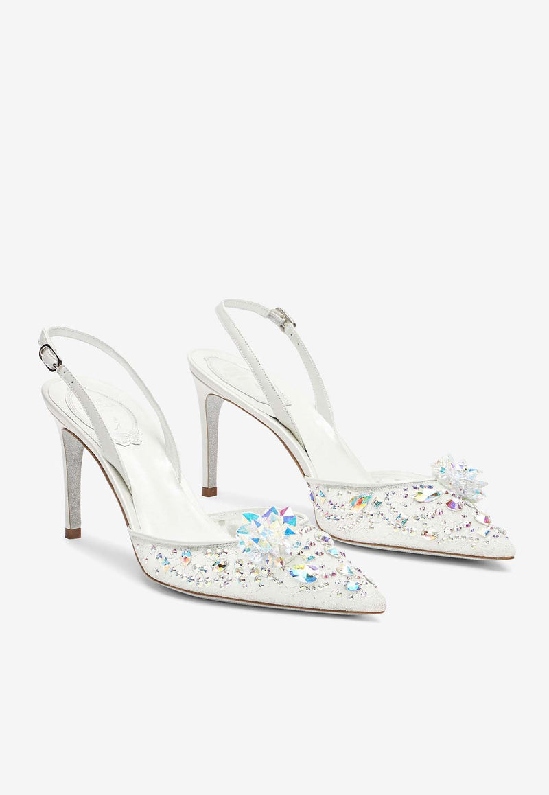 Rene Caovilla Cinderella 80 Crystal Flower Slingback Pumps C11939-080-PI01V749 WHITE LACE-LAMB/CRYSTAL AB