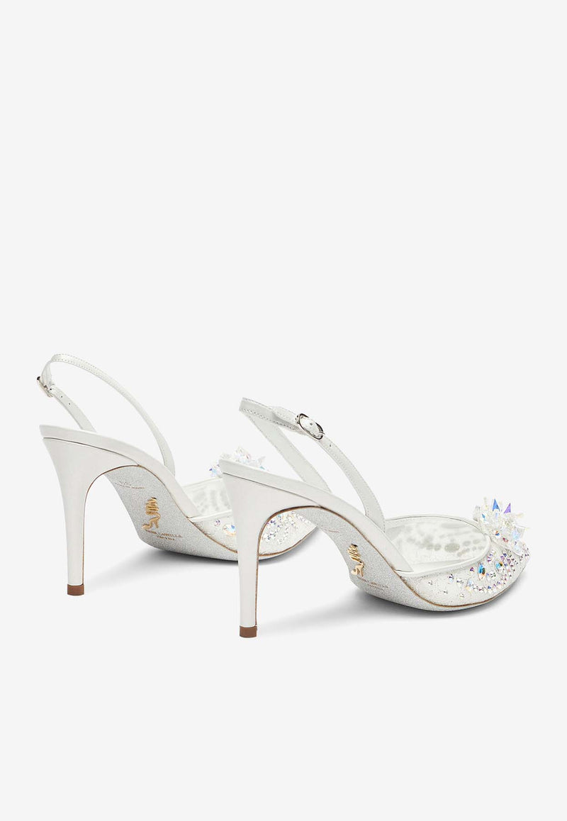 Rene Caovilla Cinderella 80 Crystal Flower Slingback Pumps C11939-080-PI01V749 WHITE LACE-LAMB/CRYSTAL AB