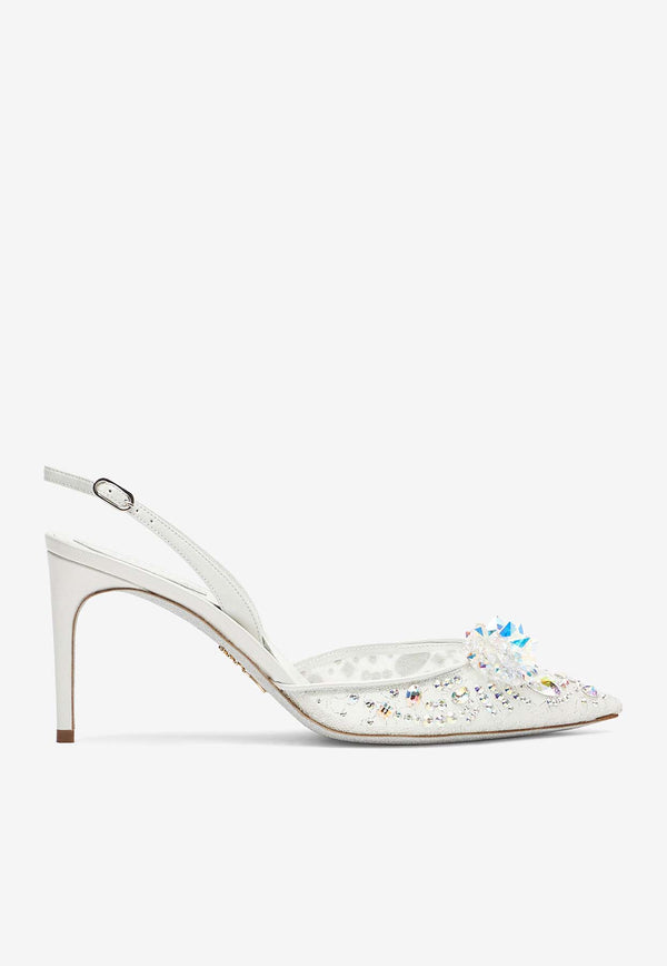 Rene Caovilla Cinderella 80 Crystal Flower Slingback Pumps C11939-080-PI01V749 WHITE LACE-LAMB/CRYSTAL AB