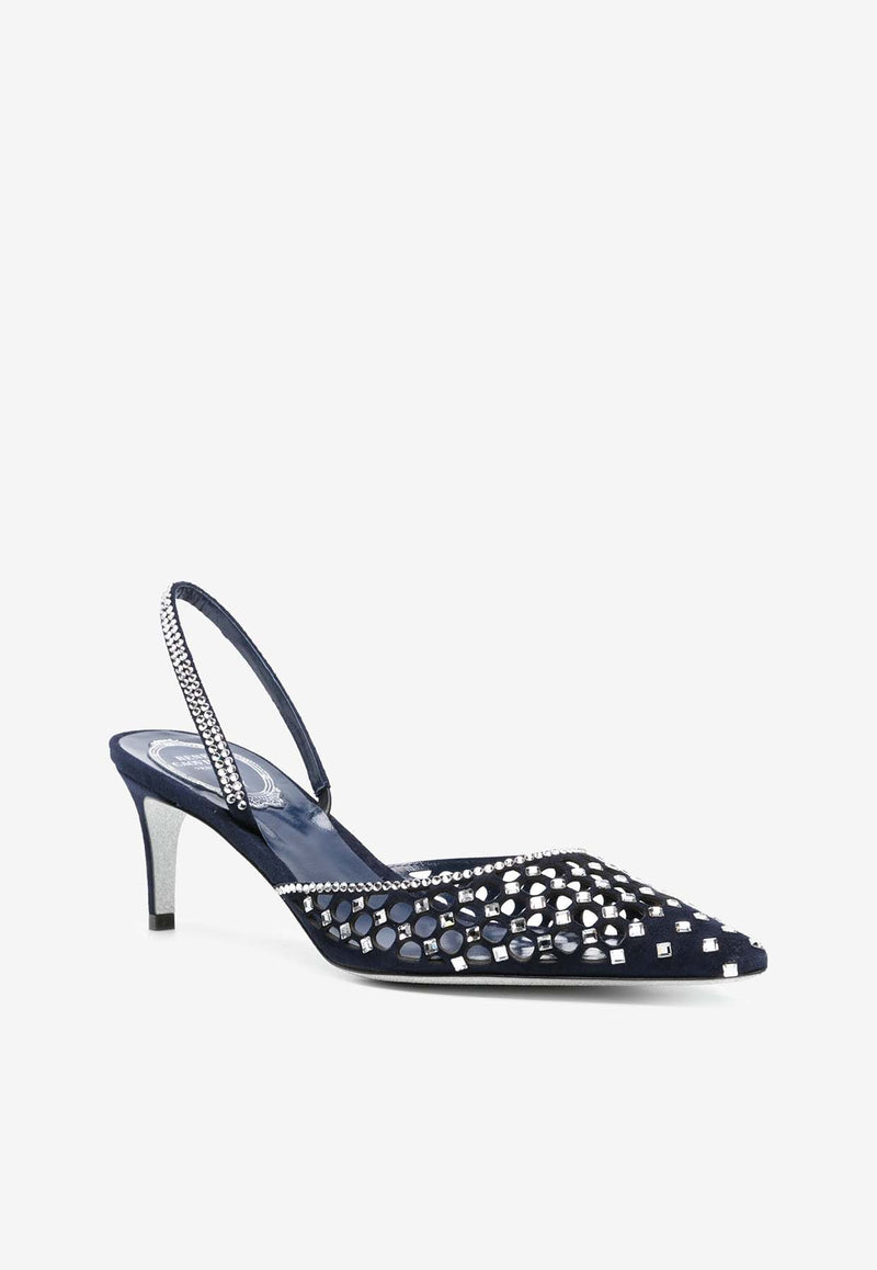 Rene Caovilla Carrie 60 Slingback Crystal-Embellished Pumps C11980-060-C001X121 BLUE SUEDE/CRYSTAL STRASS