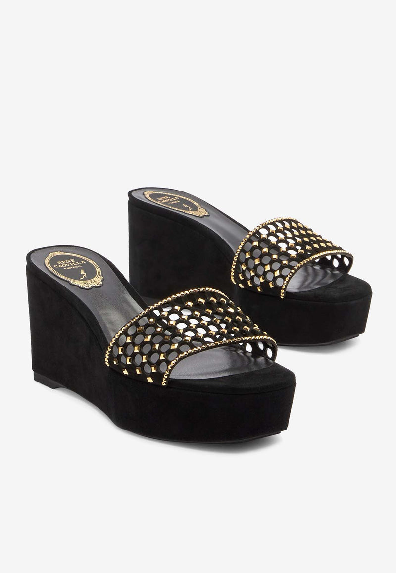 Rene Caovilla Ginger 75 Wedge Mules C11998-075-C001V284 BLACK SUEDE/AURUM STRASS