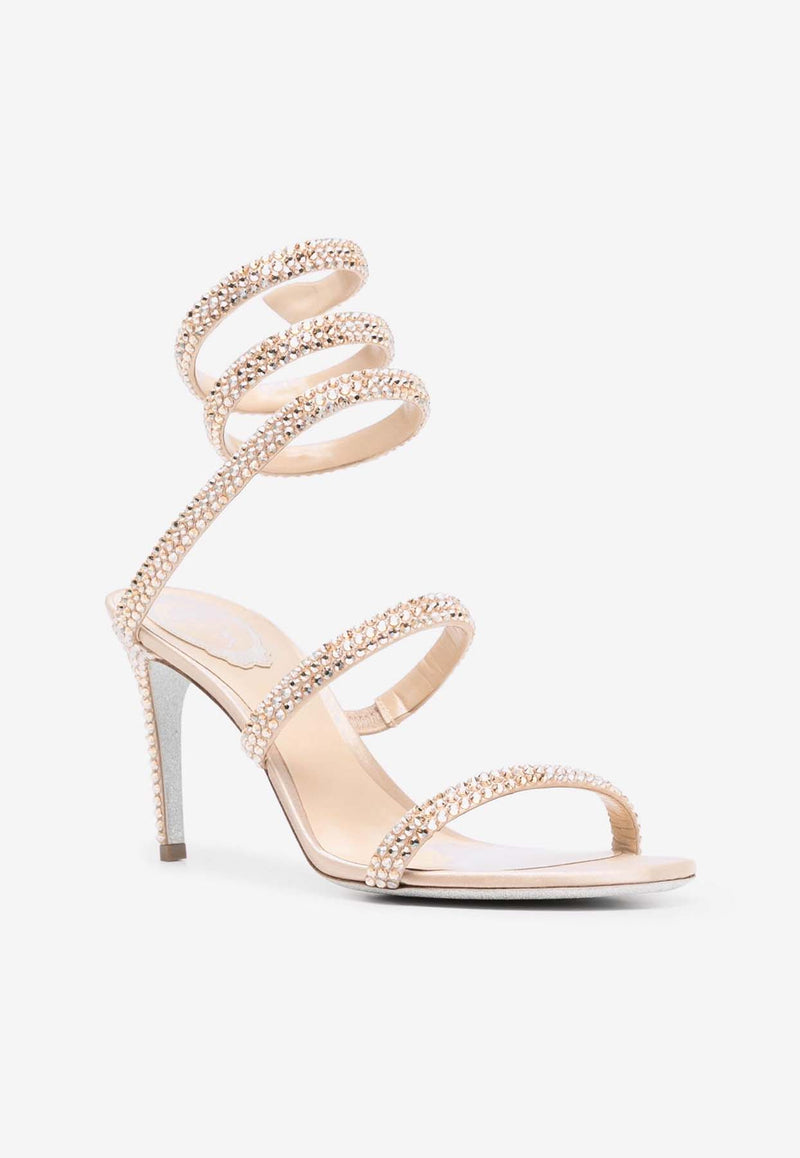 Rene Caovilla Cleo 80 Rhinestone Embellished Sandals Beige C12076-080-R001V104 BEIGE SATIN/GOLDEN SHADOW