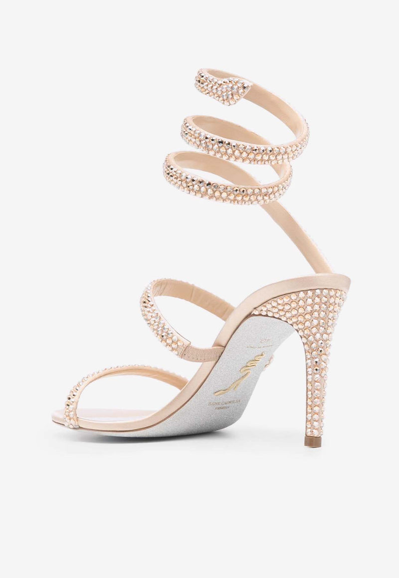 Rene Caovilla Cleo 80 Rhinestone Embellished Sandals Beige C12076-080-R001V104 BEIGE SATIN/GOLDEN SHADOW