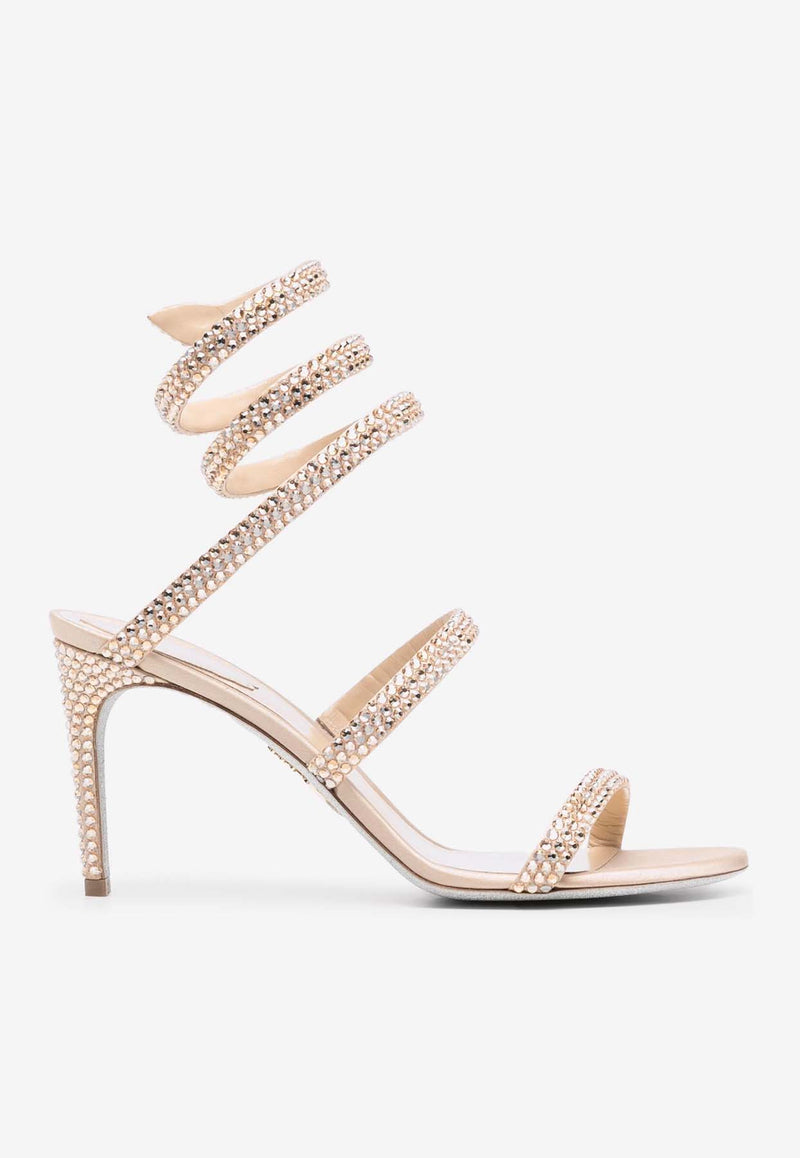 Rene Caovilla Cleo 80 Rhinestone Embellished Sandals Beige C12076-080-R001V104 BEIGE SATIN/GOLDEN SHADOW