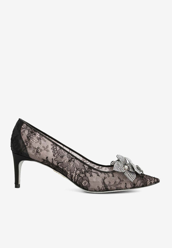 Rene Caovilla 60 Pointed-Toe Lace Pumps Black C12225-060-R001V065 BLACK LACE-SATIN/CRYSTAL