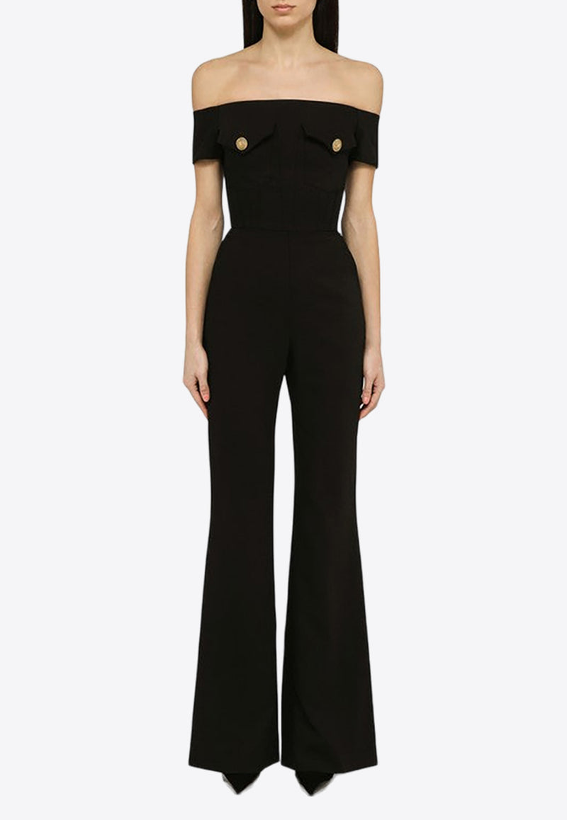 Balmain Off-Shoulder Flared-Leg Jumpsuit CF1PW130VE17/O_BALMA-0PA