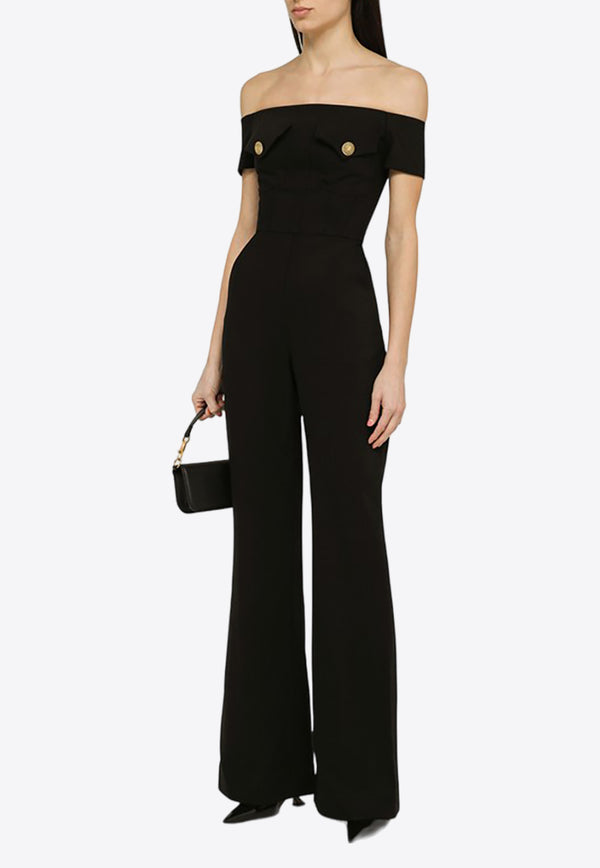 Balmain Off-Shoulder Flared-Leg Jumpsuit CF1PW130VE17/O_BALMA-0PA